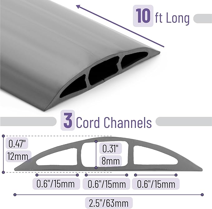 Bates- Floor Cord Cover, 10ft, Cable Cavity 0.6" (W) x 0.31" (H), Heavy Duty Wire Protector, PVC Extension Cords Hider, Protect Cords, Prevent Cable Trips, Cord Hider for Office, Home, Outdoor