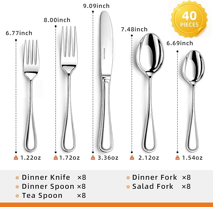 NICE KITCHEN Silverware Set for 8,40 Piece Heavy Duty Stainless Steel Flatware Set - Mirror Polished Cutlery Set,Dishwasher Safe Utensil Set with Knives Forks Spoons,Luster Series