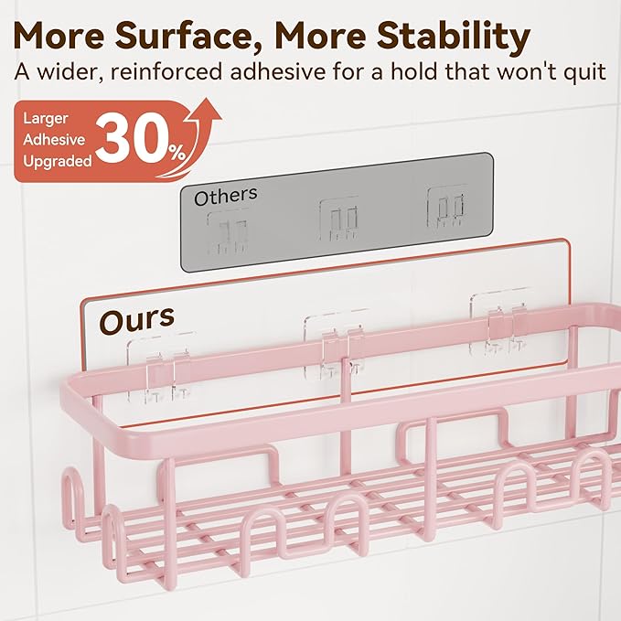 YASONIC Shower Caddy Adhesive 2-Pack, Rustproof Shower Organizer with Holder, No-Drill Shower Shelves for Inside the Shower, Large-Capacity Bathroom Organizers and Storage for Dorms & Renters, Pink