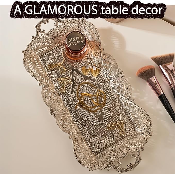 Small Silver Turkish Metal Coffee Tea Serving Tray Table Home Decor Decorative Handles - Fancy Vintage Brass Mini Rustic Retro Wedding Antique Style Traditional Counter Kitchen Tray
