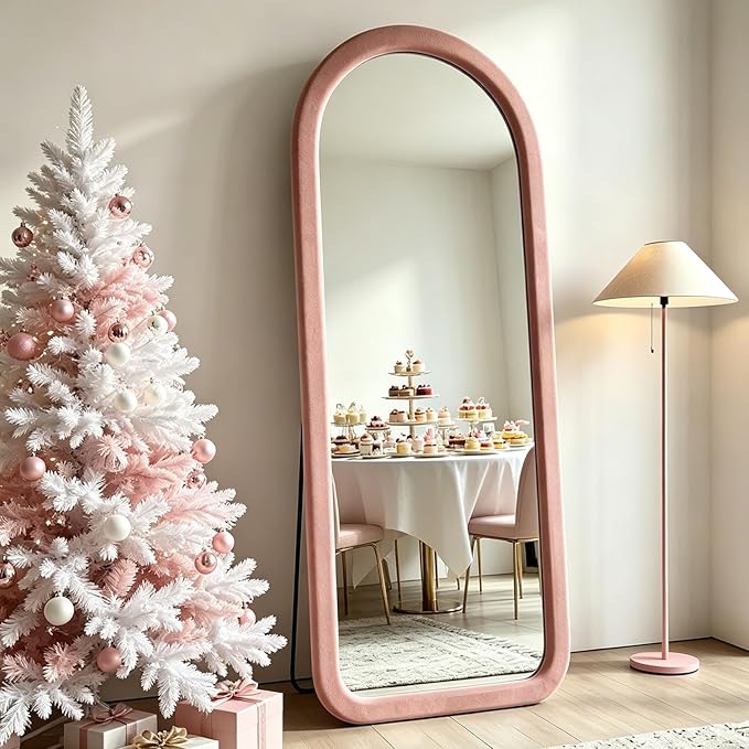 Full Length Mirror 56"x20" Arch Floor Mirror with Stand Arched Full Body Mirror Standing Hanging or Leaning Against Wall for Bedroom Flannel Wrapped Wooden Frame, Light Pink