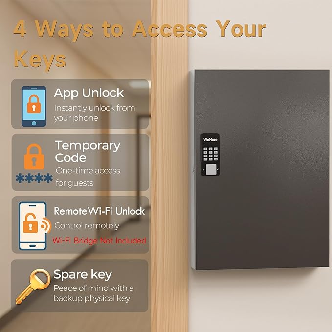 192-Key Smart Key Lock Box, Wall-Mount Key Cabinet with Key Management App(Track Key Borrow/Return), Keypad, Bluetooth & WiFi Unlock (Sold Separately) for Commercial, School, Rental, Office