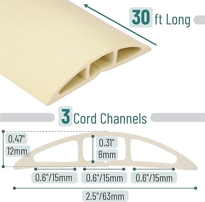 Bates- Floor Cord Cover, 30ft, Cable Cavity 0.6" (W) x 0.31" (H), Heavy Duty Wire Protector, PVC Extension Cords Hider, Protect Cords, Prevent Cable Trips, Cord Hider for Office, Home, Outdoor