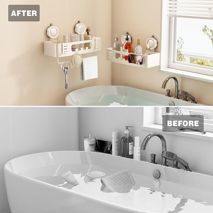 Voldra Shower Caddy Suction Cup, Shower Shelves for Inside Shower No Drilling, Aluminum Suction Showers Organizer for Wall with Towel Bar & Hooks Removable Bathroom Storage Rack(1 Pack-Cream White)