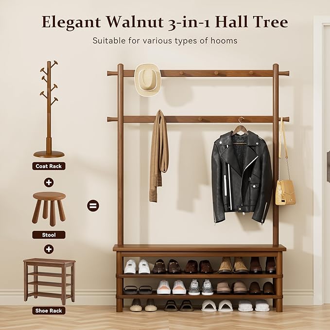 Coat Rack, 3-in-1 Hall Tree with Bench and Shoe Storage, Entryway Bench with Shoe Storage with 11 Hooks, Freestanding Coat Rack Organizer for Mudroom, Hallway, 42.9" Long