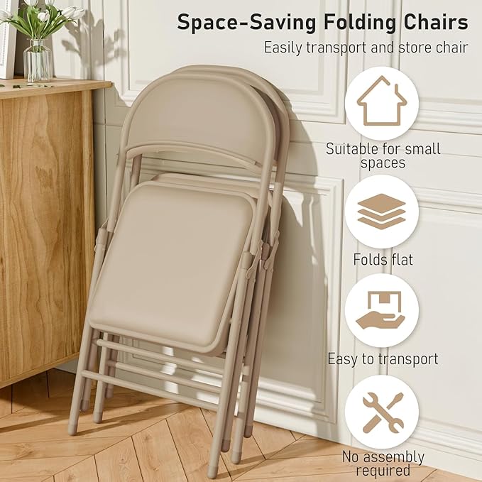 Black Folding Chairs 10 Pack, 350LBS Heavy-Duty Steel Frame Padded Foldable Chairs for Indoor Outdoor Wedding Party Dining Events (Khaki, 10Pcs)