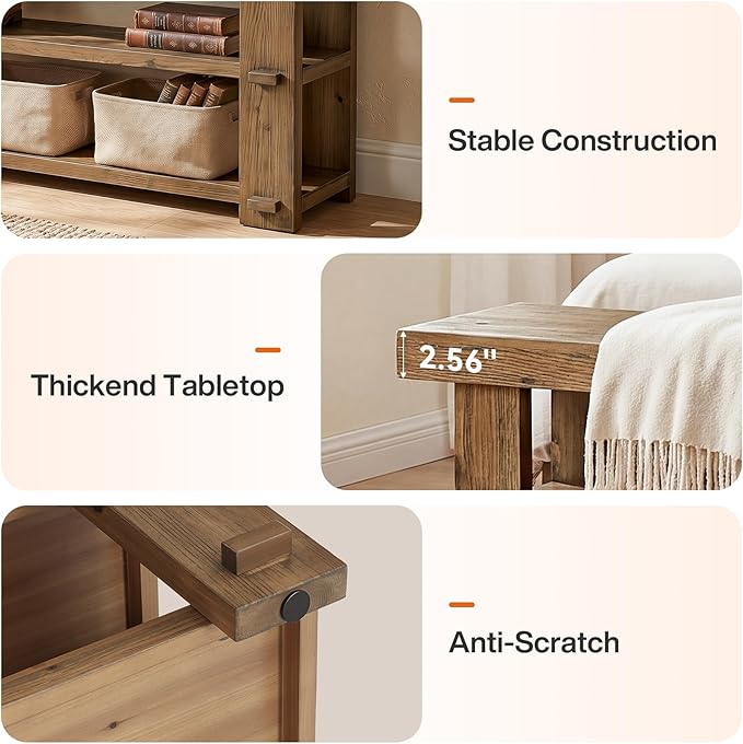 Solid Wood Entryway Bench, 55'' End of Bed Bench with 2-Tier Shoe Storage Shelves, Farmhouse Shoe Bench for Entryway, Hallway, Bedroom, Mudroom, Rustic Brown