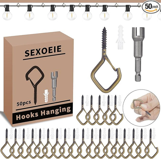 50 PCS Bronze Eye Screw Hooks for Hanging Heavy Duty with Safety Buckle.Metal Ceiling Hooks for Hanging Plants Cup Wind Chime Bird Feeders Patio Lights At Indoor&Outdoor