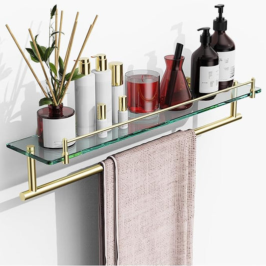 24-Inch Towel Rack with Shelf -Tempered Glass Bathroom Shelf with Towel Bar - Brushed Gold Modern Stainless Steel, Wall Mount Rustproof Tower Holder