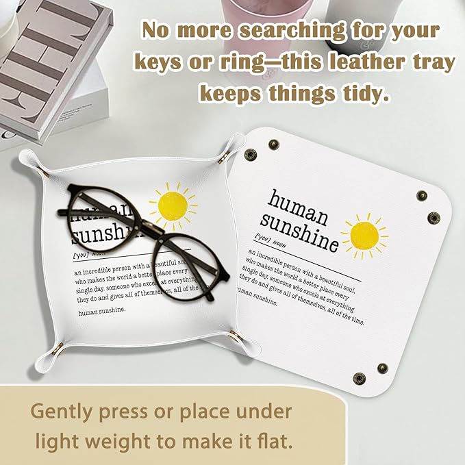 Human Sunshine Gifts Leather Jewelry Valet Tray, Thank You Gifts for Coworkers Teachers PU Leather Catchall Beside Caddy Nightstand Organizer Tray for Jewelry Rings Watches Keys, 7.8x7.8inch
