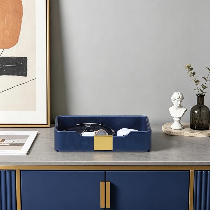 10.2" x 6.7" Nightstand Organizer Tray with Gold Accent, Decorative Valet Trays Cologne Organizer for Men, Key Bowl Perfume Trinket Tray for Dresser Bedside Entryway Table (Navy Blue)