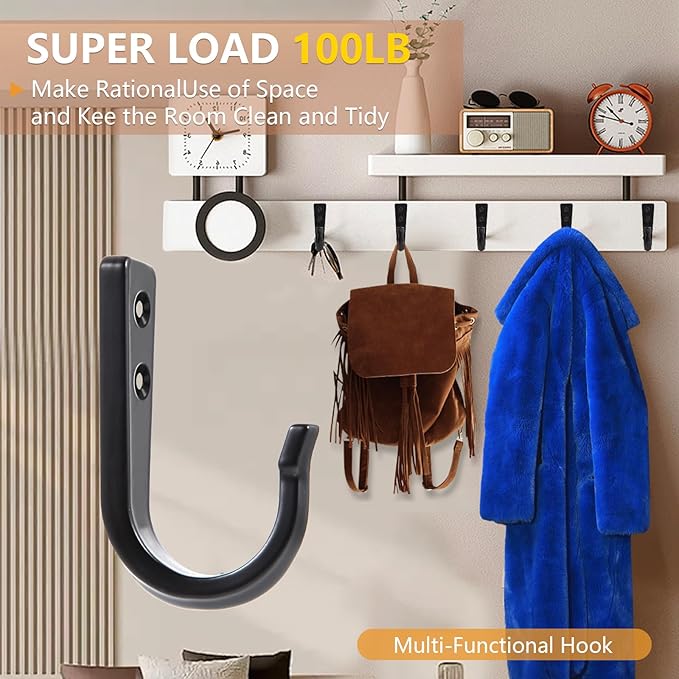 10Pcs Heavy Duty Wall Hooks for Hanging, Large Size Wall Hooks,Coat Hooks, for Backpacks, Coats, Cast Iron Pans and Other Heavy Items (Black Hooks)