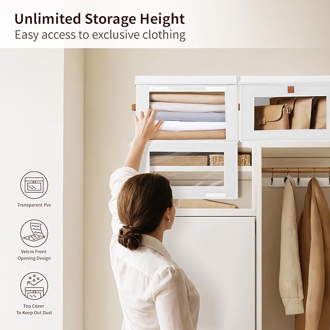 Homsorout Large Closet Storage Bins - Collapsible Clothes Organizer with Handles & Window, Decorative Boxes with Lids, Linen Closet Organizers for Living Room, Dorm, 8 Pack, White