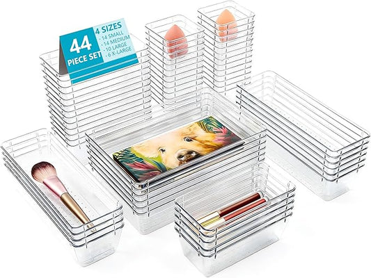 44 Pcs Makeup Drawer Organizer Set, 4 Sizes Versatile Vanity Drawer Organizer for Makeup, Non-Slip Desk Organizer Trays for Bathroom, Bedroom, Office, Fits Jewelry and Office Supplies