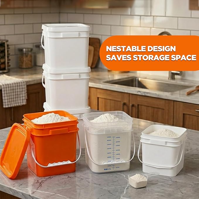 DEMORA 68oz Food Grade Square Plastic Bucket with Lid, Clear Airtight Storage Container, Reusable Pail for Kitchen Food Water Ice Cream Household Use 6Pcs (3 White+3 Transparent)