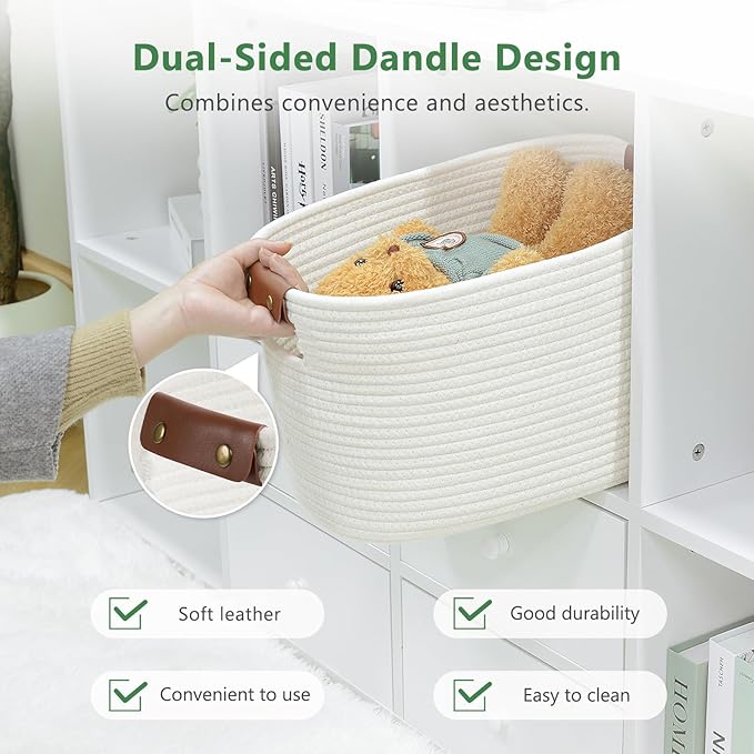 ECDYQXVU Cotton Rope Basket, Storage Baskets with Handle, 15x10x9 Inch Woven Basket for Shelves, Laundry, Towels, Clothes, Books (White 3Pack)