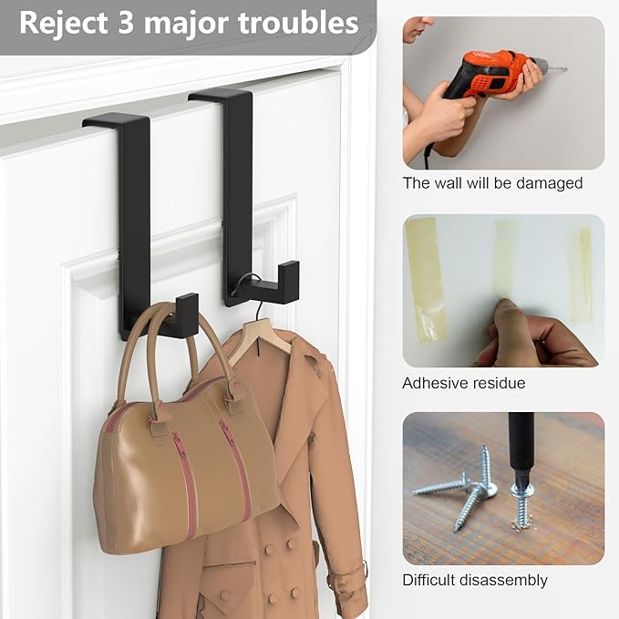 HUFEEOH Over The Door Hooks 2-Pack, Heavy Stainless Steel Coat & Towel Rack, No Drilling Scratch-Free Over Door Hanger Dorm Essentials Bathroom Accessories, Fits 1-3/4" Doors (Black) (L Shape)