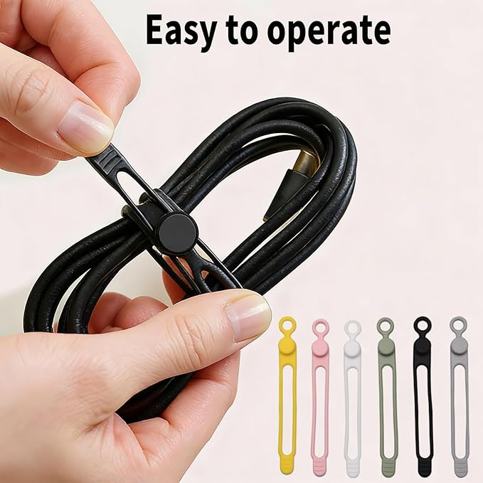 Silicone Cable Ties, 6-Pack Reusable Cord Organizers for Charger Headphone USB Cables, Elastic Wire Management Straps for Home Office Travel, Includes Keychain