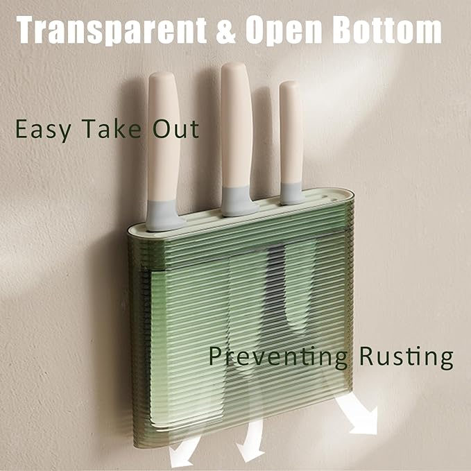 Knife Holder for Wall, Knife Storage Wall Mounted No Drill, Universal Knife Holder with 2 Long Slot for Fruit/Kitchen/Boning Knife and Kitchen Scissors, Load 2.5KG, Green Nordic Minimalist