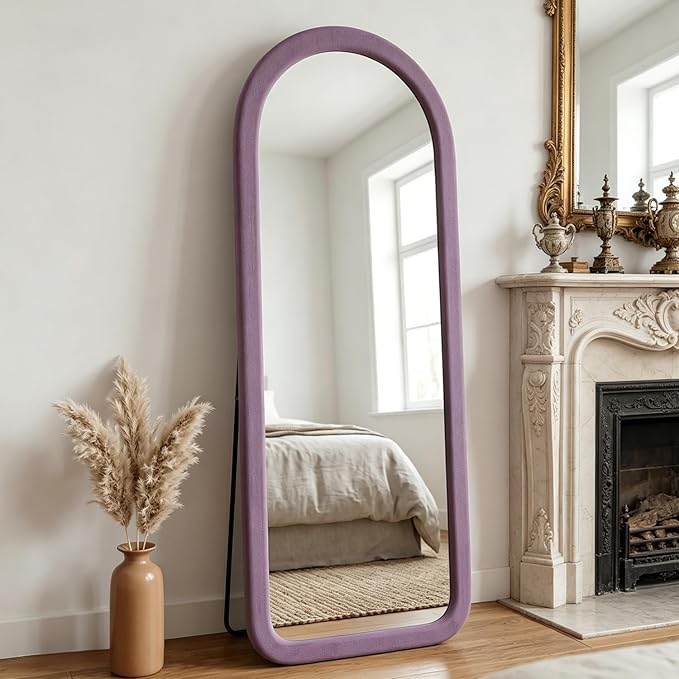 Full Length Mirror 56"x20" Arch Floor Mirror with Stand Arched Full Body Mirror Standing Hanging or Leaning Against Wall for Bedroom Flannel Wrapped Wooden Frame Purple