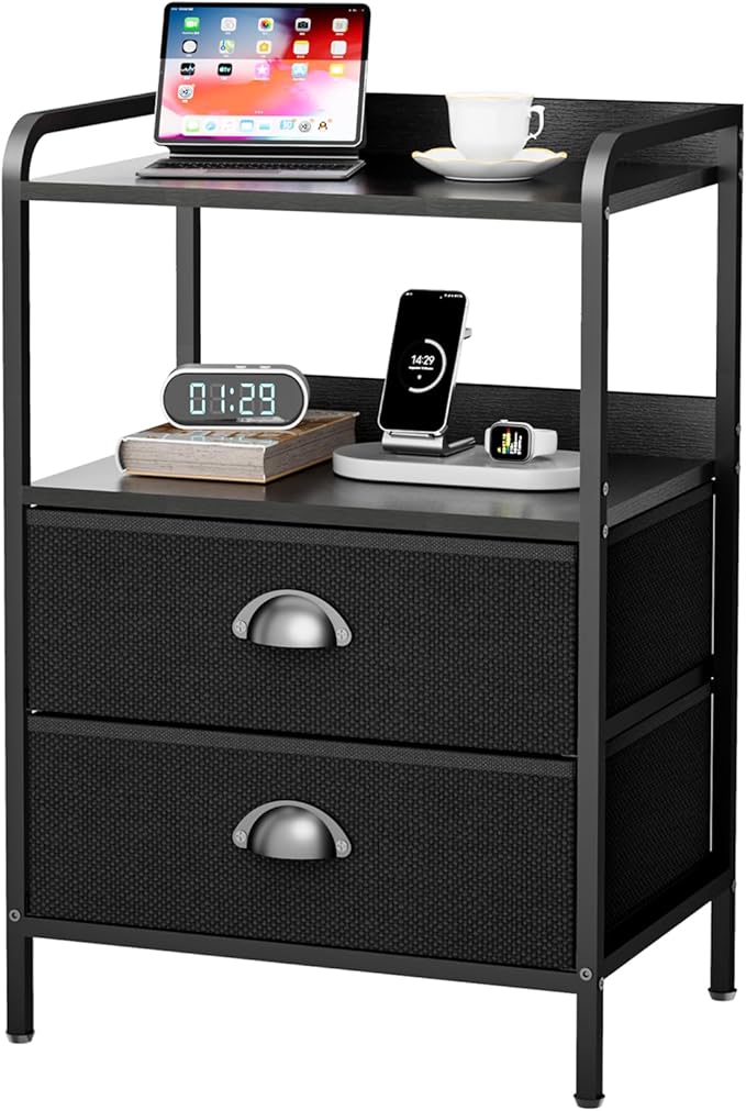 Night Stand, End Table with 2 Drawers Nightstand for Bedroom, Small Fabric Dresser Organizer, Bedisde Table Side Table with Open Storage Shelf, Black