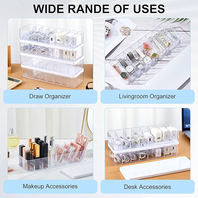 Tatuo 4 Pcs Cable Organizer Box with Wire Ties, Plastic Cord Storage Box with Lid, Electronics Organizer for Home Office Desk Organizers and Accessories (Clear,White)