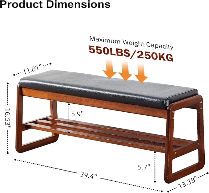 SOBIBO Solid Wood Shoe Bench, 2-Tier Wooden Entryway Bench, Modern Shoe Rack with Cushion for Hallway, Living Room (Black, 39.4'')