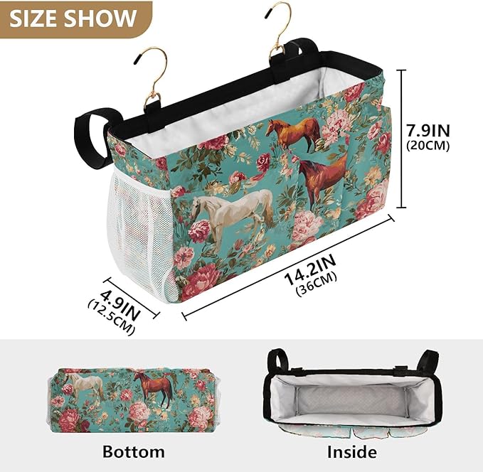 Bedside Caddy Hanging Bunk Bed Caddy Bed Organizer Hanging Pocket with 2 Hooks Bedside Storage Organizer Pocket Bag Holder Teal Horses and Red Roses