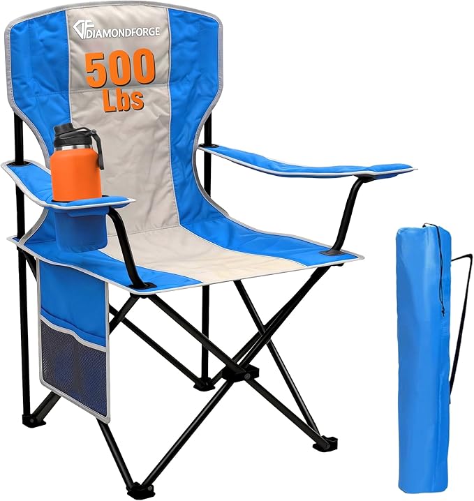 Oversized Camping Chair, High Back Camping Chairs 500 LBS Capacity, Portable Outdoor Lawn Chairs Folding with Cup Holder for Picnic, Lawn, Beach, Fishing and Sports (Bright Blue)