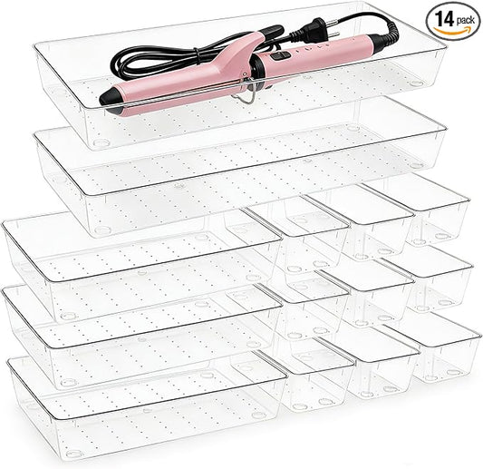 14 Pcs Clear Plastic Drawer Organizer Tray with 2 Pcs 15"x6" Extra Large Trays, Multi-Purpose Storage Bins for Vanity, Makeup, Kitchen Utensils, Bathroom, Office Desk, Auto Tools & Craft Supplies