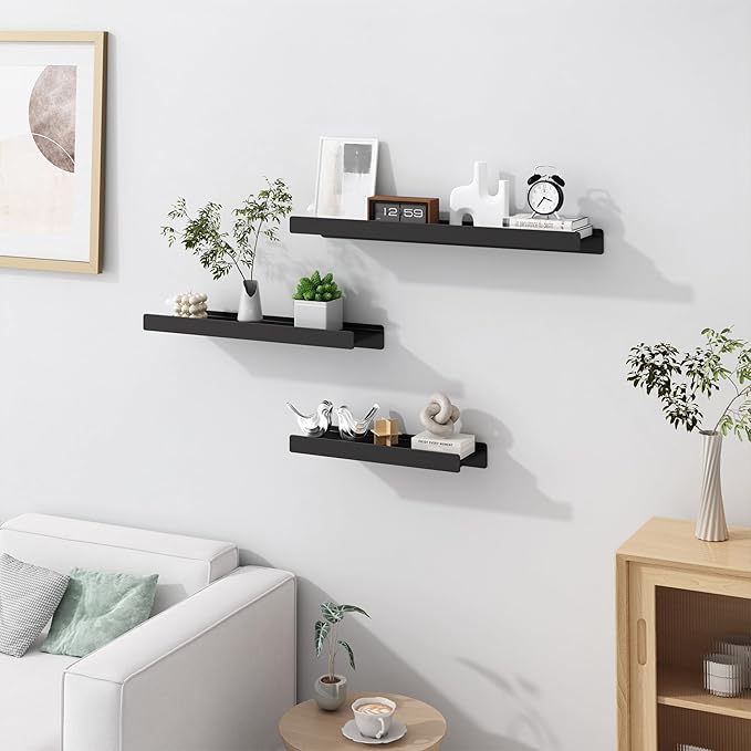 12 inch Metal Floating Shelves for Wall, Small Shelves Wall Mounted with Lip for Storage No Wobble, Heavy Duty Wall Shelves for Bathroom/Kitchen/Bedroom/Small Spaces, Black 12X 4.5X2, Set of 2