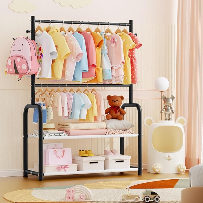 Kids Clothing Rack with 2-Layer Storage Shelf and 2 Adjustable Hanging Rods,Dress Up Rack for Hanging Clothes,Dress up Storage for Baby Toddle Kids(Classic, Black)
