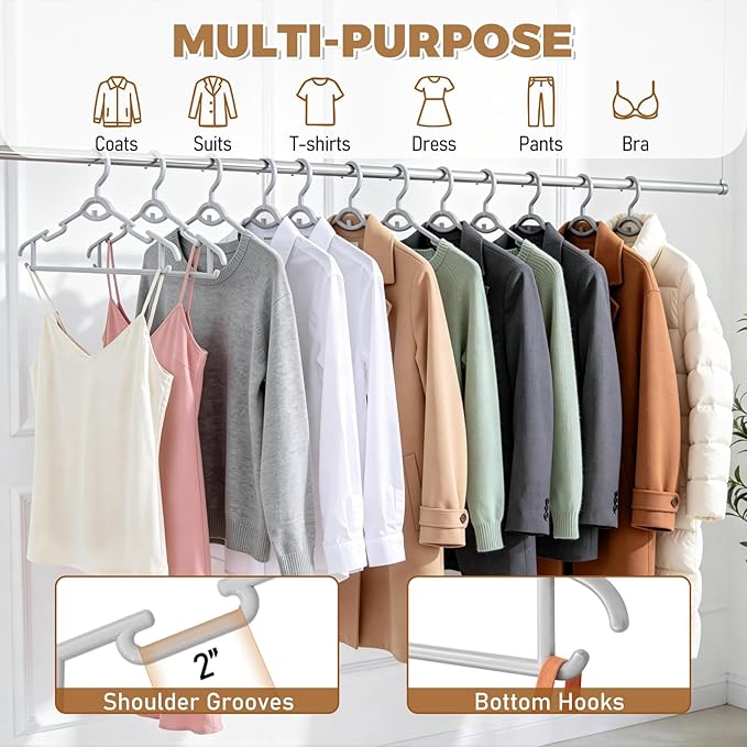 Heavy Duty Plastic Hangers 50 Pack, Stackable Space Saving, with 360° Swivel Hook, Non Slip Shoulder Grooves, for Suits, Shirts, Coats, Durable & Strong Closet Organizers, Grey