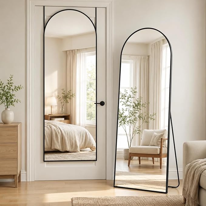 Full Length Mirror, 58"x21" Arched Floor Mirror Freestanding, Floor Standing Full Body Mirror with Stand for Bedroom, Hanging Mounted for Living Room Cloakroom, Black