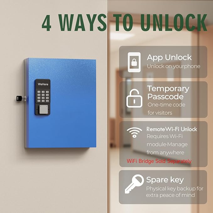 WeHere 32-Key Smart Key Lock Box, Wall-Mount Key Cabinet with Key Management App(Track Key Borrow/Return), Keypad, Bluetooth & WiFi Unlock (Sold Separately) for Commercial, School, Rental, Office