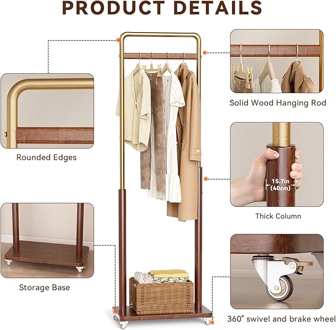Taitiy Clothes Rack Solid Wood Coat Rack, Metal and Solid Wood Combination Clothing Rack with Wheels for Entryway, Bedroom, Living Room, Coat Racks Freestanding for Hanging Clothes Garment Scarf