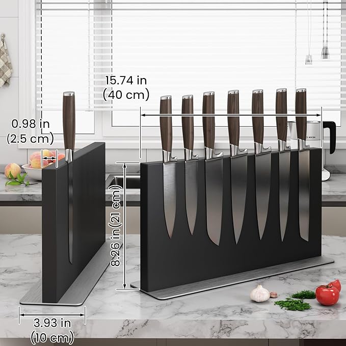 THMINS Large Black Magnetic Knife Block Stainless Steel Double-Sided Magnetic Knife Holder, Universal Multi-function Display Rack for Kitchen Counter
