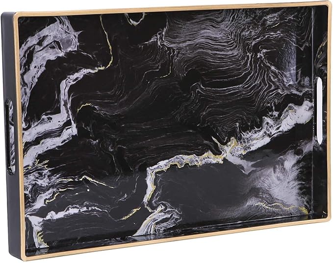 Decorative Tray, Marbling Plastic Tray with Handles, Rectangular Vanity Tray and Serving Tray for Bathroom, Kitchen, Ottoman and Coffee Table, 15.6” x 10.2”, Black