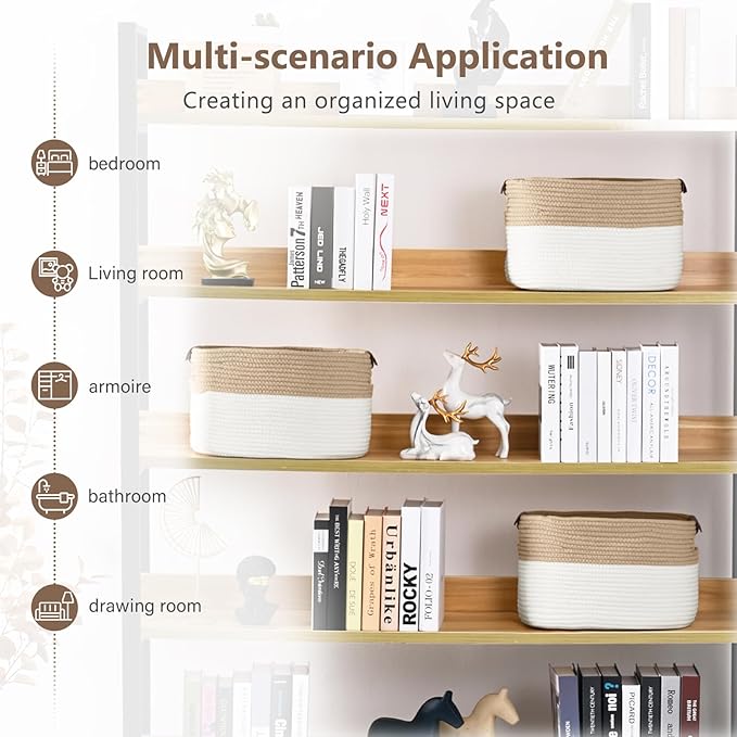 ECDYQXVU Cotton Rope Basket, Storage Baskets with Handle, 15x10x9 Inch Woven Basket for Shelves, Laundry, Towels, Clothes, Books (White/Beige 1Pack)