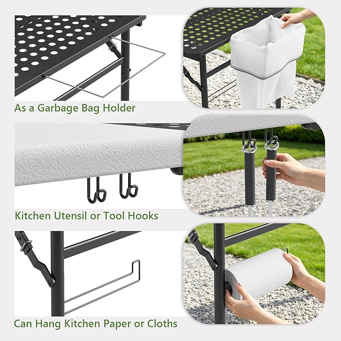 Folding Table, 5ft Folding Grill Table, Portable Camping Table for Cooking & BBQ Prep, 2-in-1 Metal&Solid Surface Foldable Grill Station for Outdoor Camping, Backyard, Patio Use,(Black and White)