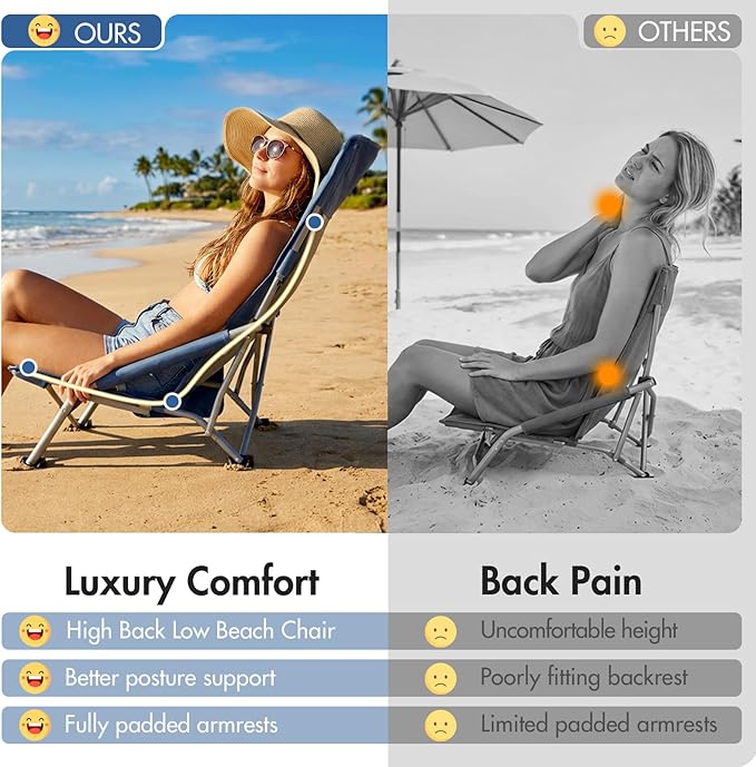 Portal High Back Beach Chair for Adults - Heavy Duty 350 lbs Folding Portable Sand Chair with Cup Holder & Side Pocket, Breathable Mesh Tall Camping Chair with Rotating Feet for Outdoor Travel Blue