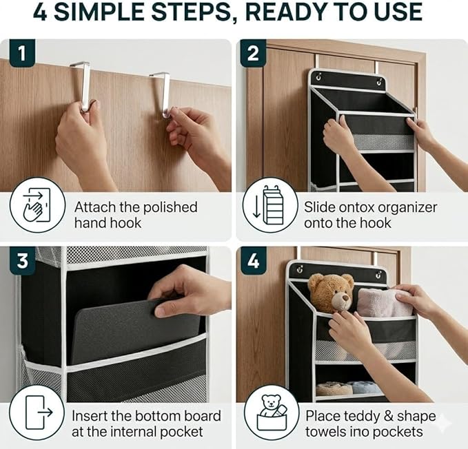 SUREMAX 42.5" Over The Door Organizer, 40 Lbs Heavy Duty Anti-Tilt Behind Door Storage with 4 Large Pockets and 6 Side Mesh Pockets, Hanging Closet Organizer for Bathroom, cabinet, Nursery and Pantry