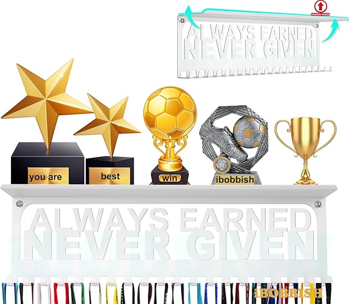 iBobbish Metal Medal Hanger Display,Non-Slip Trophy Shelf with 20 Hooks,Wall Mount,Heavy Duty,Non-Bent,Holds 22-33lbs,for Gymnastics,Race,Soccer,Swim