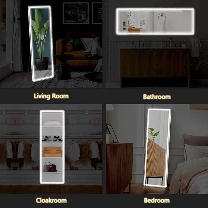 NEWBULIG 64"x21" Full Length Mirror with Light, 3 Color Lighting Full Body Floor Mirror with Aluminum Alloy Thin Frame, Wall or Standing Mirror for Bedroom, Living Room, Dressing Room, White