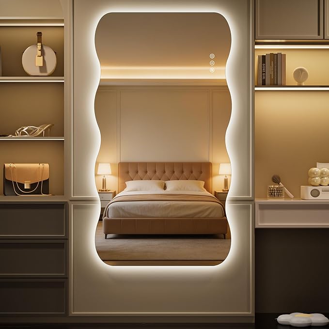 Hasipu Wavy Full Length Mirror with Lights - 60"×36" LED Wavy Floor Mirror, Frameless, Dimmable, Standing or Vertical/Horizontal Wall-Mounted Mirror for Bedroom, Living Room, Cloakroom
