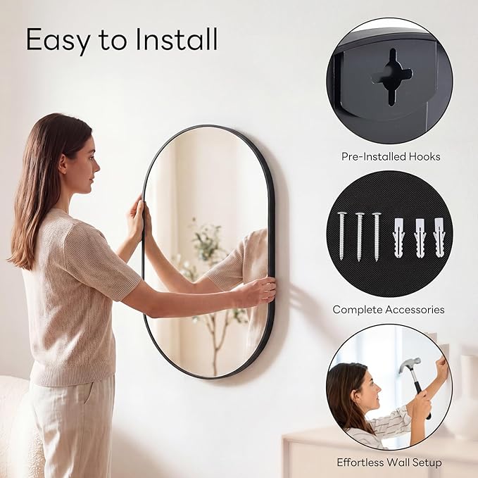 Sweetcrispy 20" x 30" Black Bathroom Mirror for Wall, Oval Wall Mirror with Metal Frame, Tempered Glass, Modern Vanity Mirror for Over Sink, Living Room, Bedroom, Entryway, Horizontal or Vertical