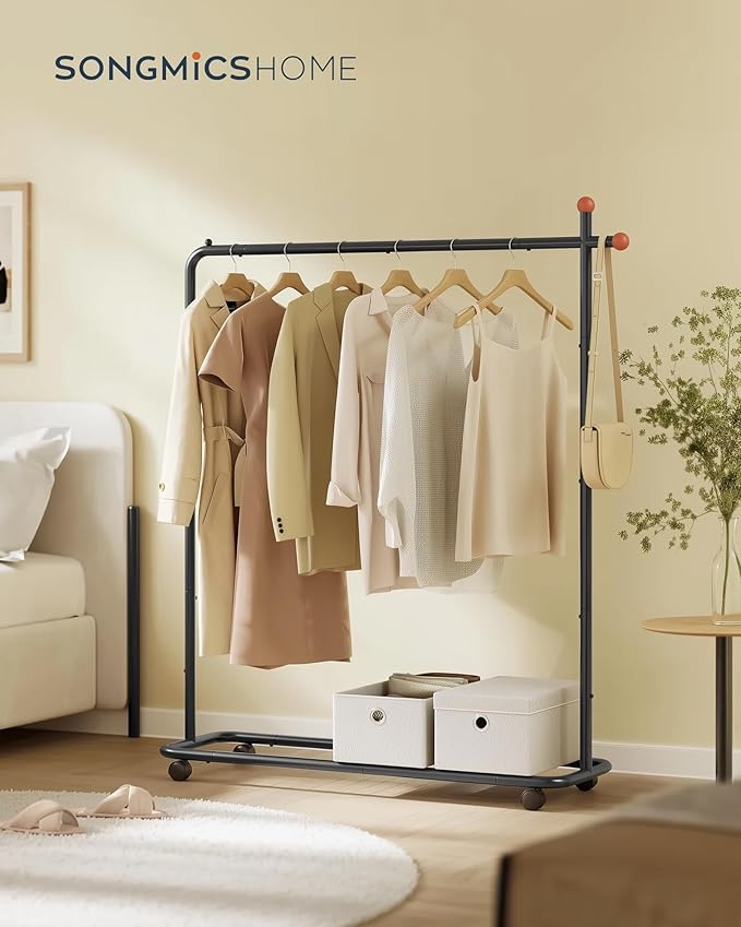 SONGMICS HOME Clothes Rack, Clothing Rack on Wheels, Portable Garment Rack, with 1 Clothes Hanging Rail, Matchstick-Shaped Hooks, Ink Black UHSR170B01