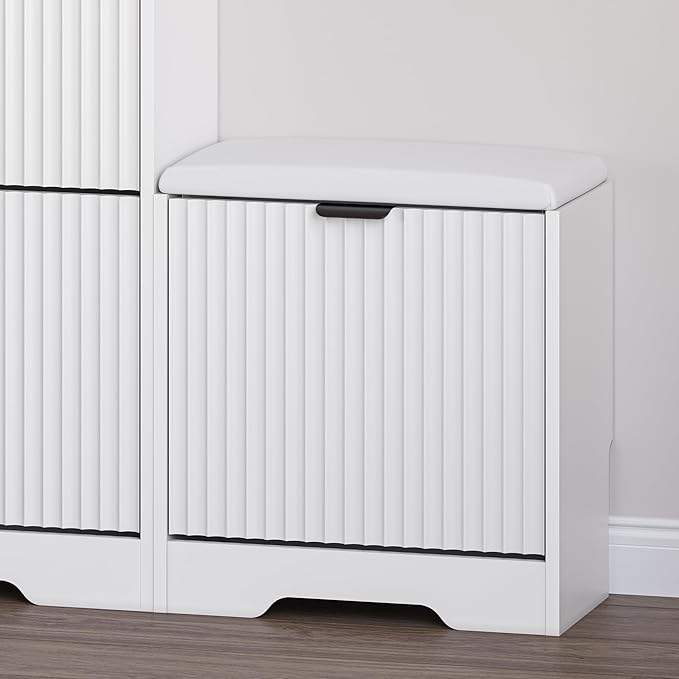 BORNOON Slim Shoe Cabinet with Bench for Entryway, Hidden Storage and Adjustable Shelves, Free Standing Wooden Shoes Organizer for Foyer, Hallway