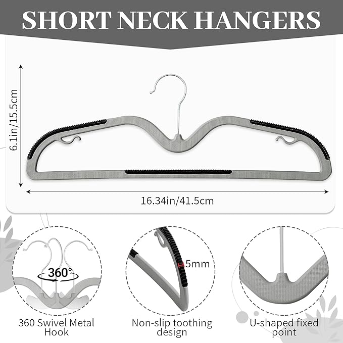 LemonRoad 50 Pack Short Neck Hangers, Upgraded Non-Slip Plastic Hangers Lifts Clothes 3" Higher, Space Saving 360 Swivel Hook for Closet Organizer, Shirts Jackets Dresses, Smooth (Black Gray)