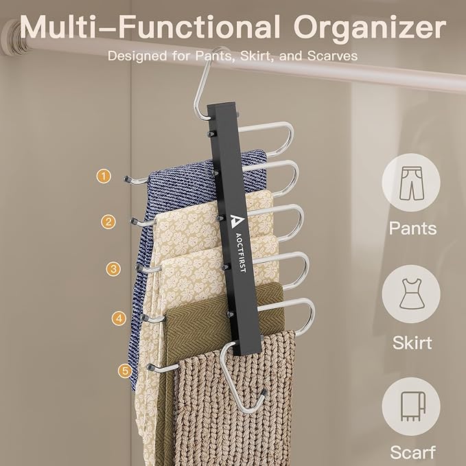 Pants Hangers Space Saving 2 Pack - 5 Tier Heavy Duty Closet Organizer for Jeans, Skirts, Shirts - Metal Hooks with Anti-Slip Design for Dorm, Apartment, Bedroom Storage